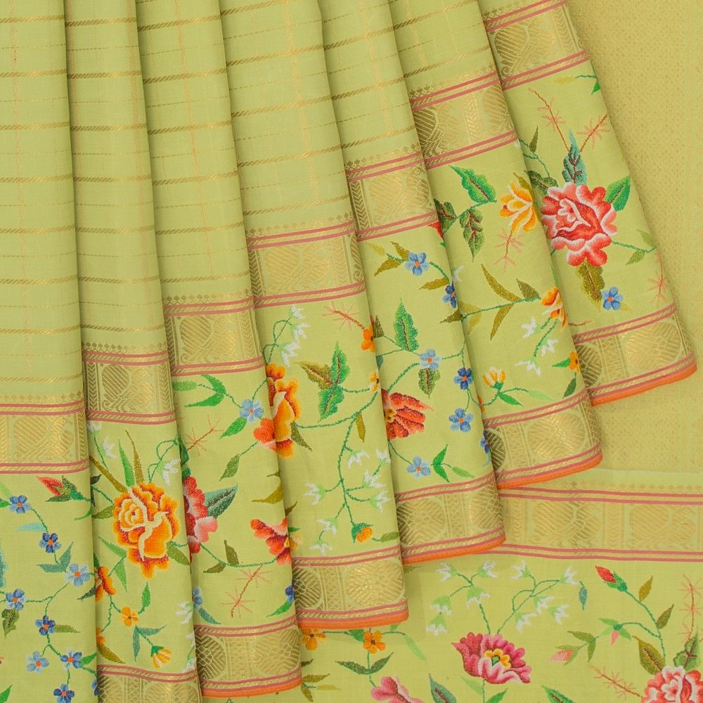 Petit Point Kanchipuram Silk Checks Embroidery Pista Green saree