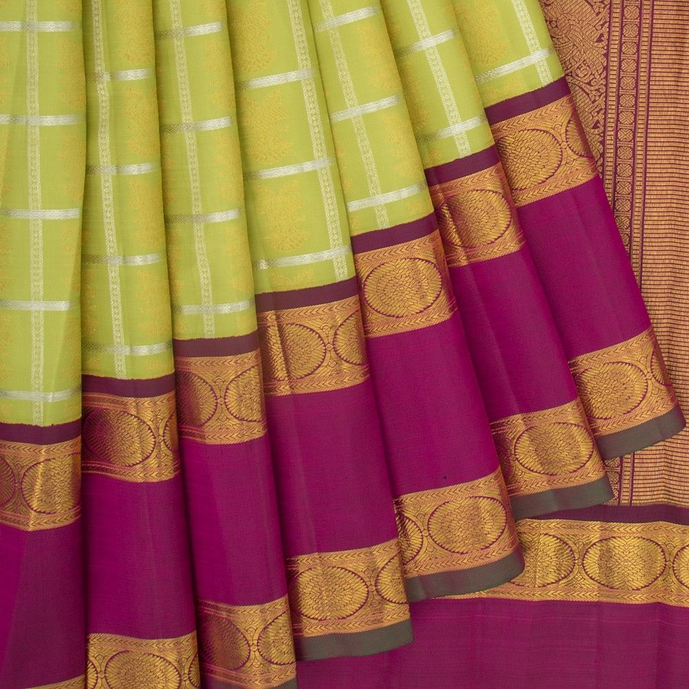 Kanchipuram Silk Checks And Butta Green Saree