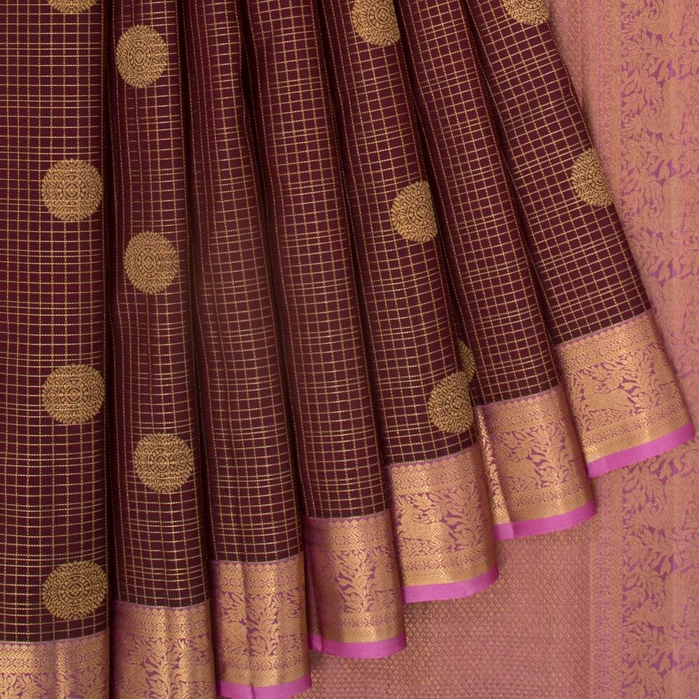 Kanchipuram Silk Checks And Butta Brown Saree