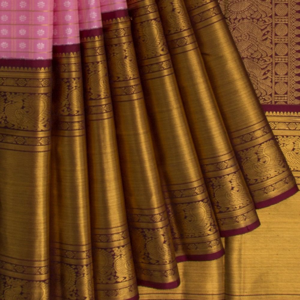 Kanchipuram Silk Checks And Butta Pink Saree