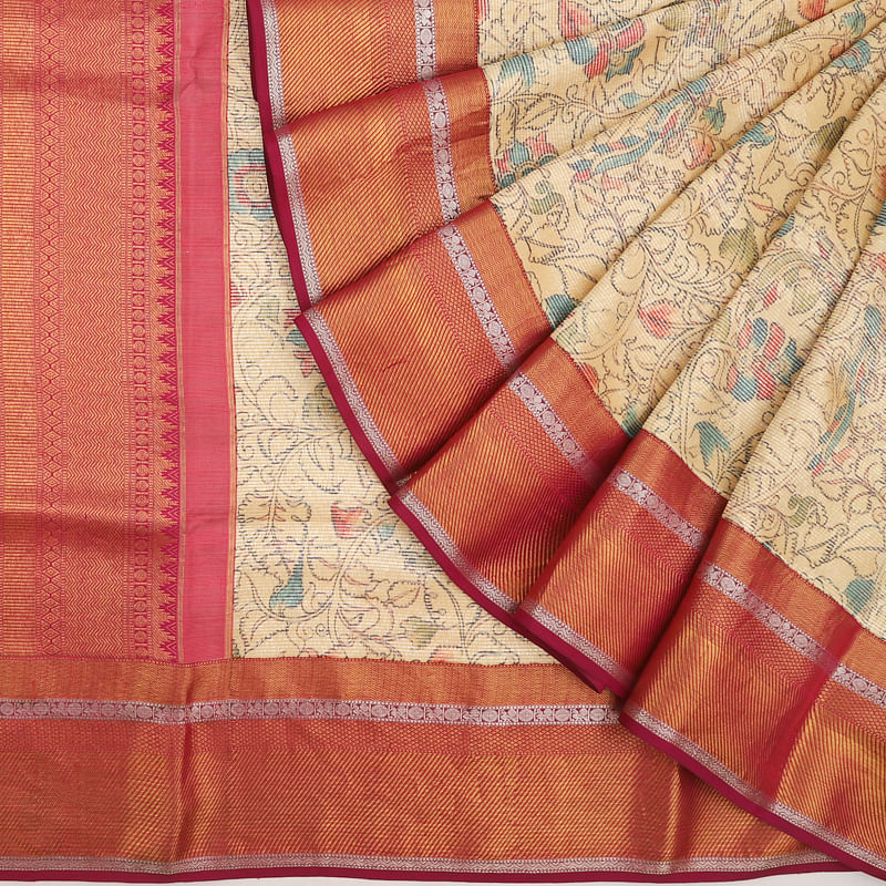 Kanchipuram Silk Printed Cream Saree