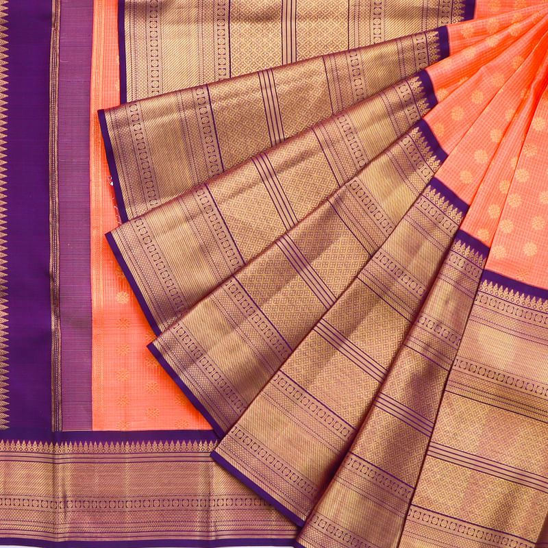 Kanchipuram Silk Checks And butta Pastel Orange Saree