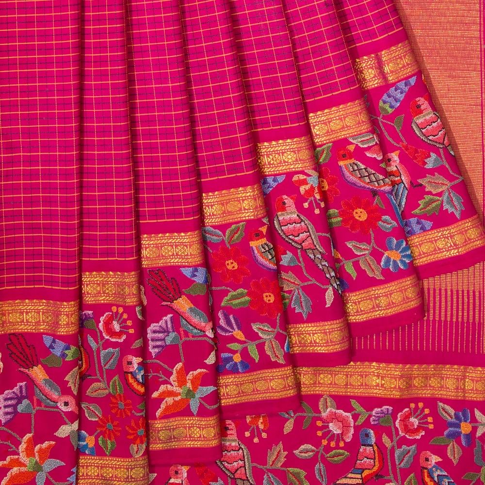 Petite Point On Kanchipuram Silk Checks Purple Saree