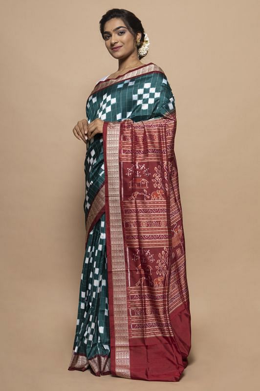 Sambalpuri Silk Ikat Teal Green Saree