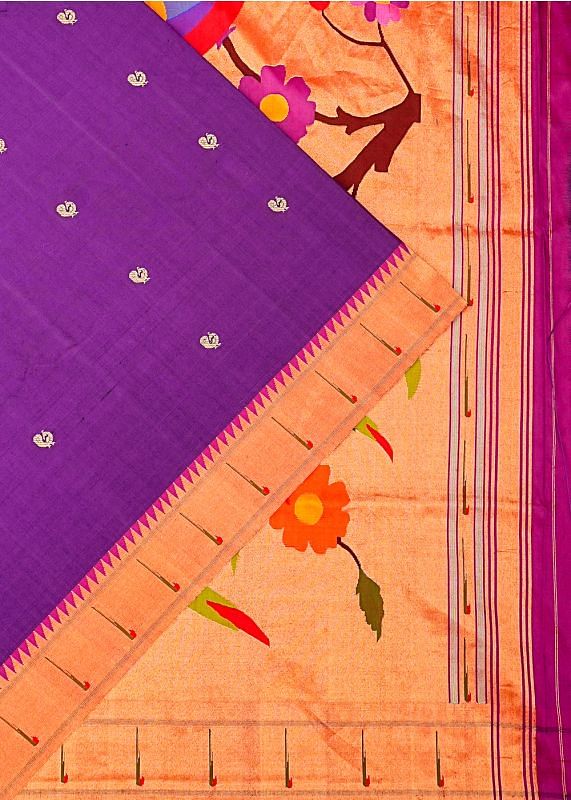 Paithani Silk Butta Violet Saree With Single Muniya Border