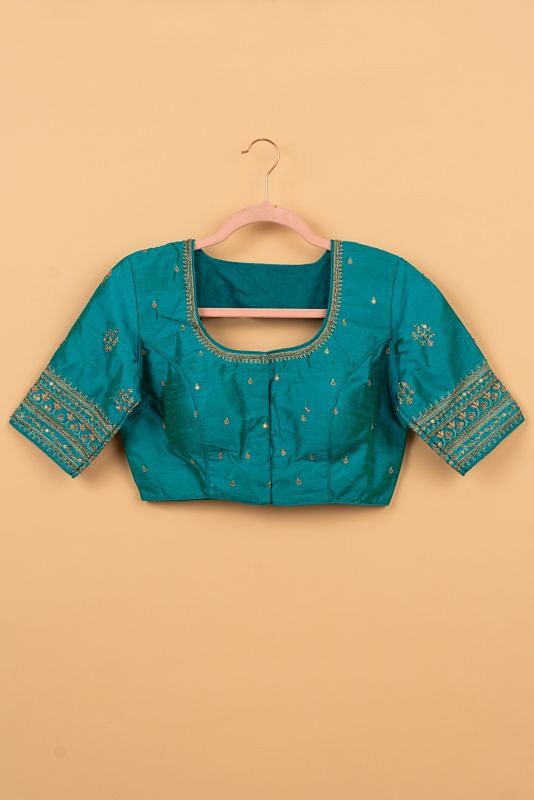 Raw Silk Readymade Padded Teal Blue Blouse Size 36