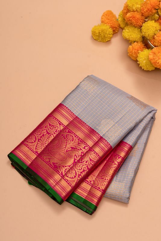 Kanchipuram Silk Checks And Butta Grey Saree