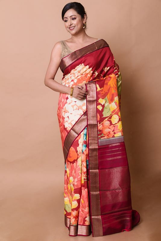 Kanchipuram Silk Floral Printed Maroon Saree