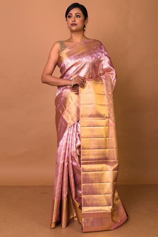 Kanchipuram Silk Tissue Brocade Pink Saree