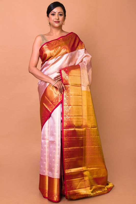 Kanchipuram Silk Tissue Brocade Pink Saree