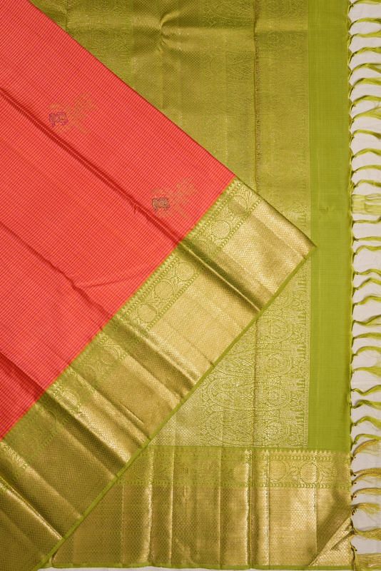 Kanchipuram Silk Checks And Butta Pink And Yellow Saree