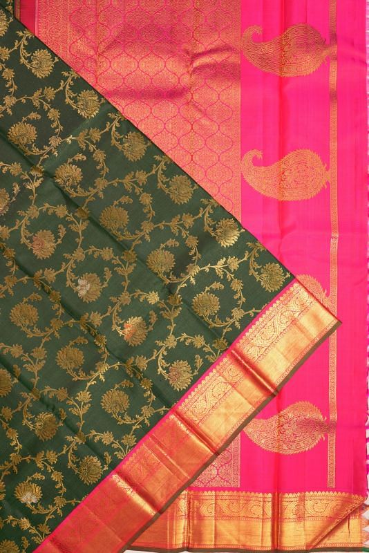 Kanchipuram Silk Jaal Dark Green Saree