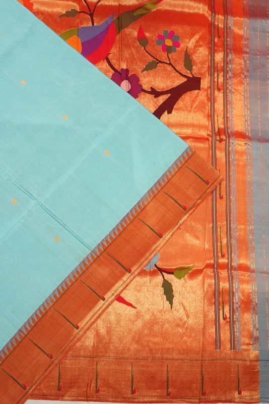 Paithani Silk Butta Sky Blue Saree With Single Muniya Border