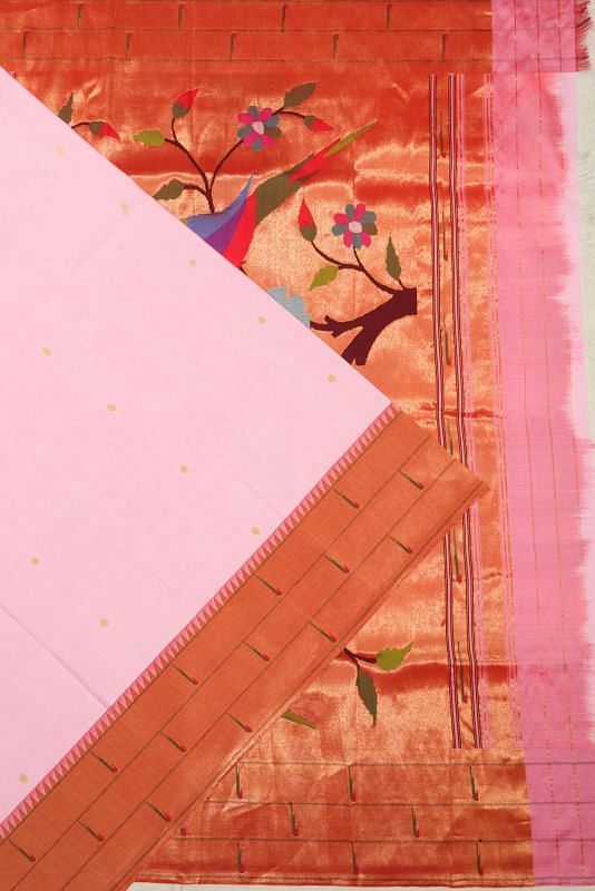 Paithani Silk Butta Baby Pink Saree With Triple Muniya Border