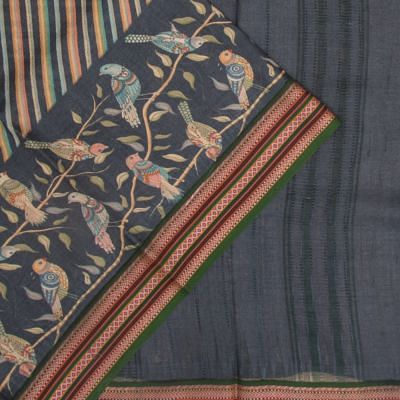 Tussar Printed Dark Blue Saree