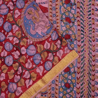 Kanchipuram Silk Hand Painted Kalamkari Red Saree