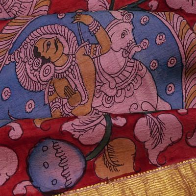 Kanchipuram Silk Hand Painted Kalamkari Red Saree