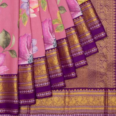 Kanchipuram Silk Floral Printed Pink Saree
