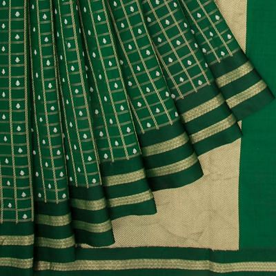 Banarasi Silk Checks And Butta Dark Green Saree With Satin Border
