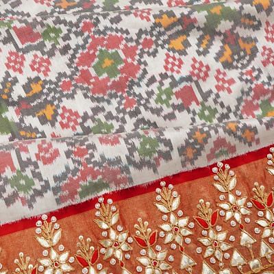 Pochampally Silk Ikat White Saree With Zardosi Work Border