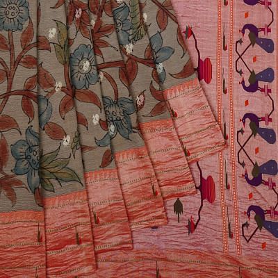 Paithani Silk Kalamkari Hand Painted And Butta Grey Saree With Triple Muniya Border