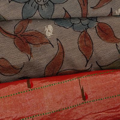 Paithani Silk Kalamkari Hand Painted And Butta Grey Saree With Triple Muniya Border