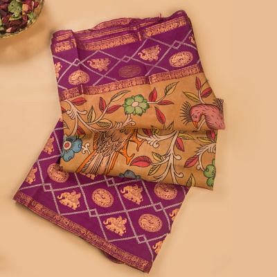 Kanchipuram Silk Handpainted Kalamkari Brown Saree