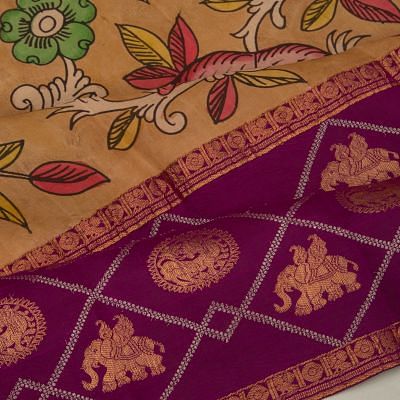 Kanchipuram Silk Handpainted Kalamkari Brown Saree