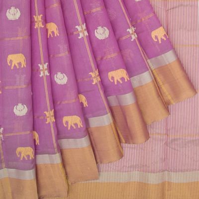 Buy Light Orange Handloom Chanderi Silk And Cotton Saree With Zari Work