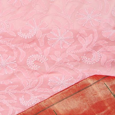 Lucknow Chikankari Georgette Peach Saree With Attached Paithani Border