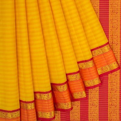 Kanchipuram Silk Horizontal Lines Yellow Saree