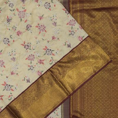 Kanchipuram Silk Hand Embroidery Cream Saree