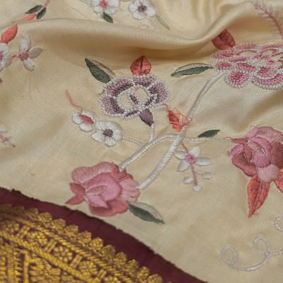 Kanchipuram Silk Hand Embroidery Cream Saree