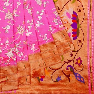 Paithani Silk All Over Embroidery Jaal Pink Saree