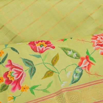 Petit Point Kanchipuram Silk Checks Embroidery Pista Green saree