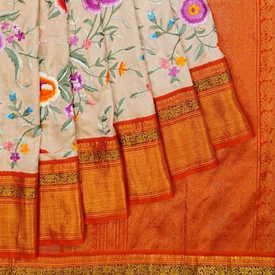 Parsi Gara On Kanchipuram Silk All Over Embroidery Jaal Cream Saree