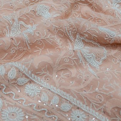 Lucknow Chikankari Georgette Embroidery Peach Saree