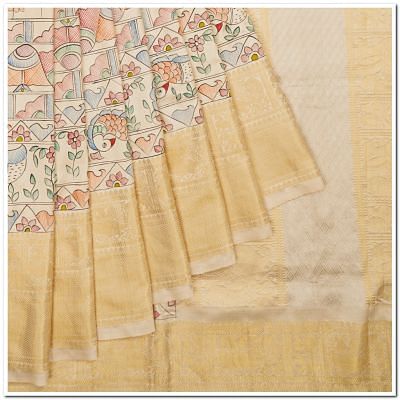 Kanchipuram Silk Madhubani Printed Off White Saree