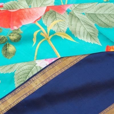 Kanchipuram Silk Floral Printed Sky Blue Saree
