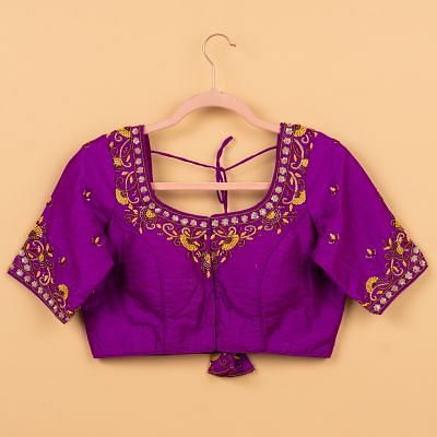 Raw Silk Readymade Padded Purple Blouse Size 36