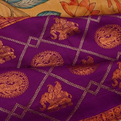 Kanchipuram Silk Kalamkari Hand Painted Cream Saree