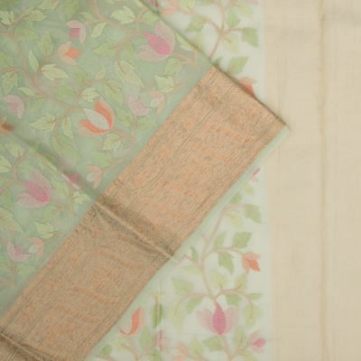 Organza Floral Embroidery Green Saree