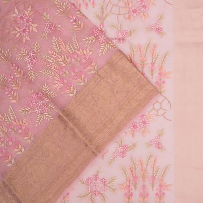 Organza Floral Embroidery Pink Saree