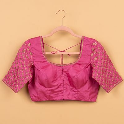 Pure Silk Readymade Padded Bright Pink Blouse Size 38