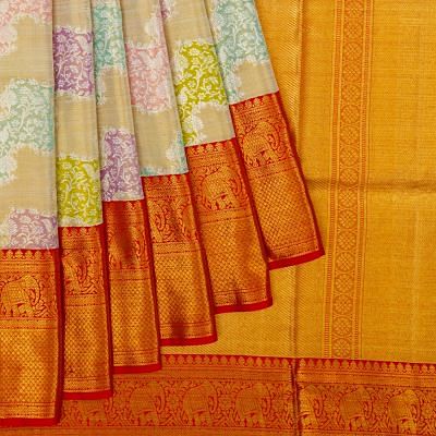 Kanchipuram Silk Tissue Leheriya Jaal Gold Saree