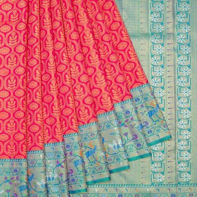 Kanchipuram Silk Tissue Brocade Redish Pink Saree