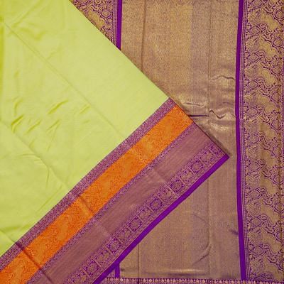 Kanchipuram Silk Twill Plain Pista Green Saree With Ikat Blouse