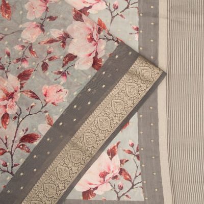 Chanderi Silk Floral Printed And Butta Grey Saree