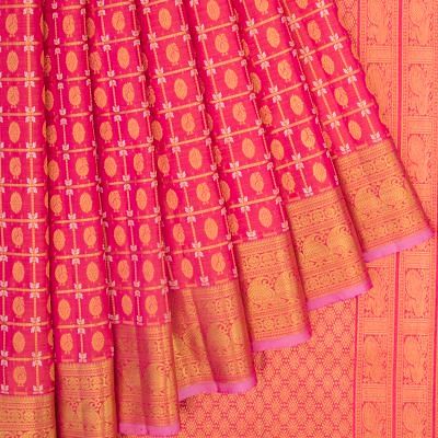 Kanchipuram Silk Checks And Butta Dual Tone Pink And Orange Saree