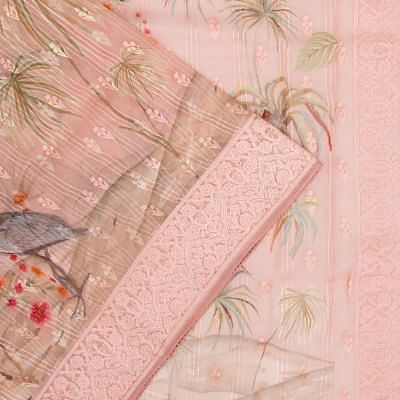 Organza Floral Printed And Embroidery Peach Saree